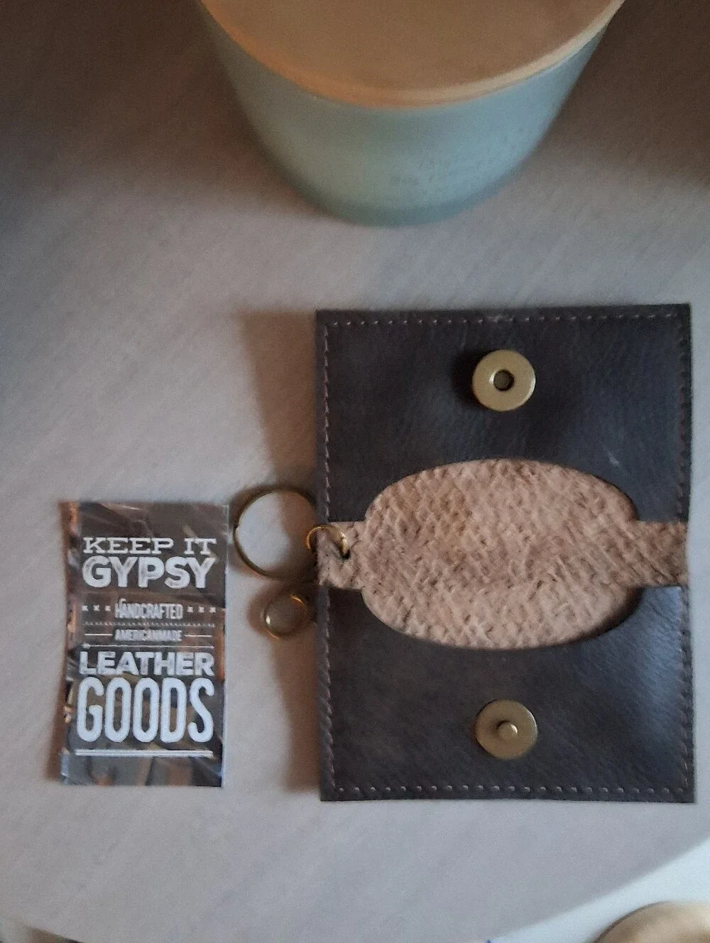 Trendy Upcycled Leather Keychain/Card Holder with Embossed Leather Emblem - NWT